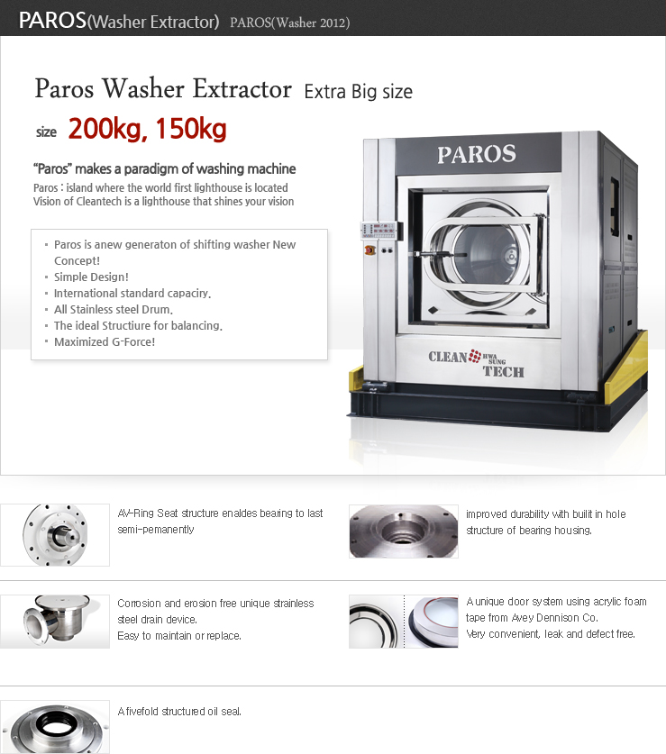 Specifications of Paros washer extractor 200-150 kg